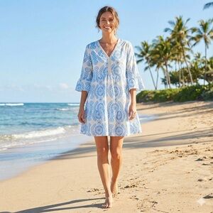 GIORGIA GIANNINI Santorini Mini Dress Bell Sleeves Embellished V-Neck Tiered Sm